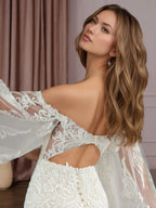 Abito da sposa sirena bianco champagne con scollo a V, paillettes e pizzo