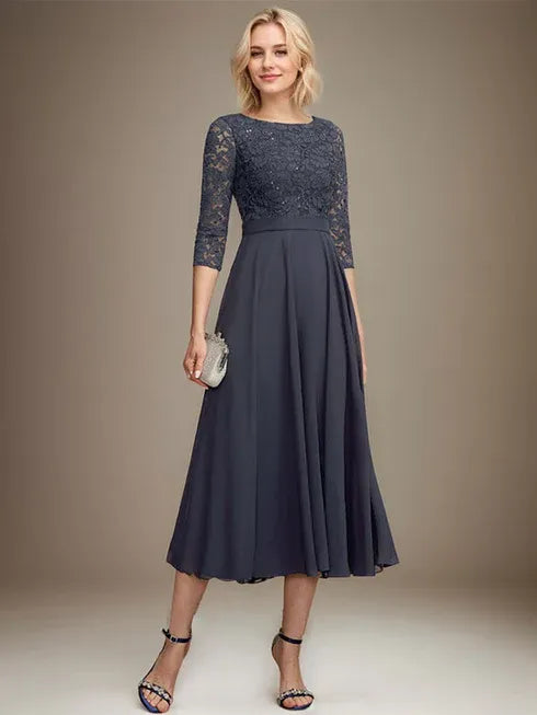 Robe mère de la mariée longueur thé ligne A col rond en dentelle et mousseline avec sequins