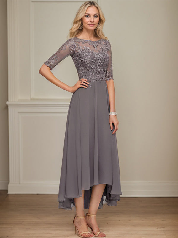 A-Linien Bootsausschnitt Illusionskleid mit asymmetrischem Chiffon-Spitzenstoff, Mutter-der-Braut-Kleid mit Paillettenperlen