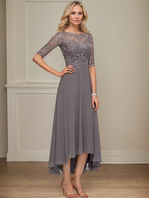 Vestido para madre de la novia línea A con escote barco ilusión, chiffon asimétrico con encaje y cuentas de lentejuelas
