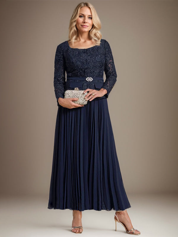 A-Linien-Kleid mit quadratischem Ausschnitt, knöchellang, Chiffon, Mutter der Braut, mit Falten