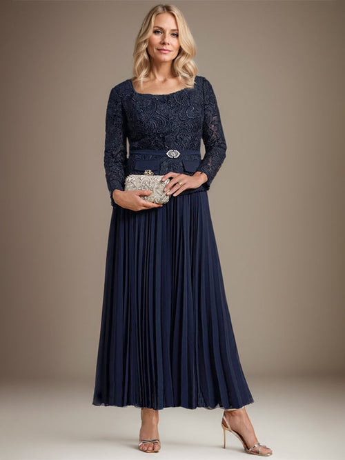 Robe mère de la mariée ligne A, col carré, longueur cheville en mousseline, avec plis