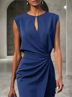 Purplish Blue Ruched Cut Out Classic Crew Neck Cap Sleeve Sheath/Column Midi Dress