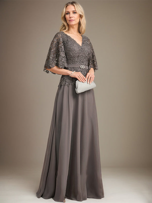A-Linien V-Ausschnitt Bodenlanges Chiffon-Spitzen Mutter-der-Braut-Kleid mit Kristallbrosche und Strass