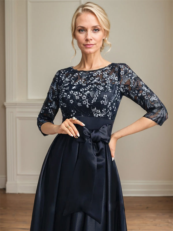 A-Linien-Kleid mit Rundhalsausschnitt, Illusionseffekt, asymmetrischem Satin-Spitzenstoff und Schleife für die Brautmutter