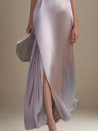 A Line Pink Pearl Satin V Neck Short Sleeves Formal Dress With Slit