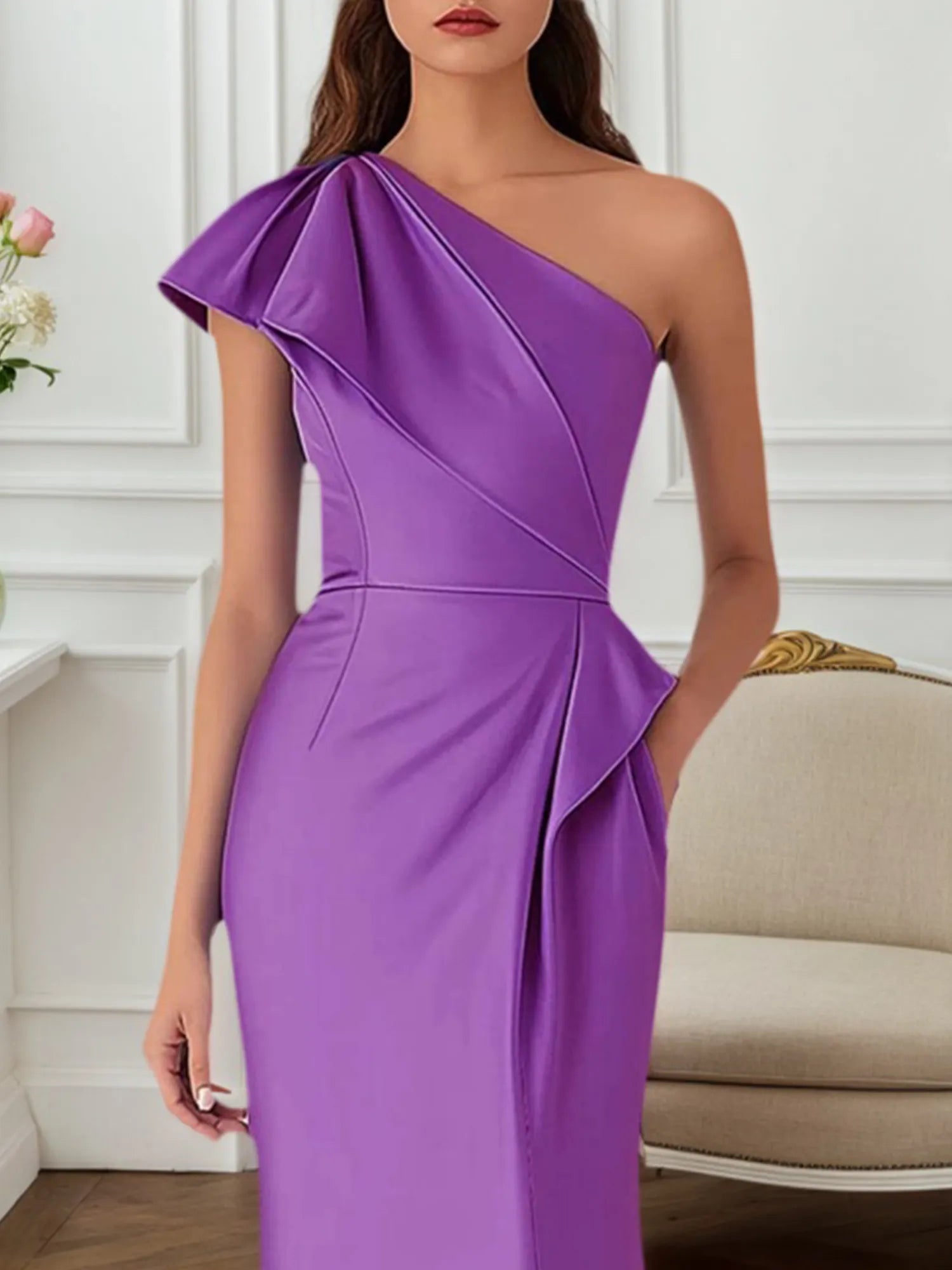 Vestido de invitada de boda de otoño morado midi de un solo hombro con bolsillos
