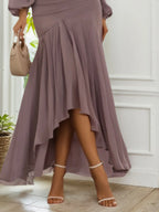 Vestido para invitada de boda de otoño, maxi morado con escote cuadrado y volantes