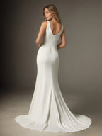 Weißes Meerjungfrau Kleid mit U-Ausschnitt plissierter Crepe-Rücken Satin Hochzeitskleid
