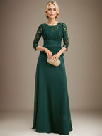 A-Linien Kleid mit Scoop-Ausschnitt, Illusion, bodenlangem Chiffon und Spitze, Mutter-der-Braut-Kleid mit plissierten Pailletten und Perlenbesatz