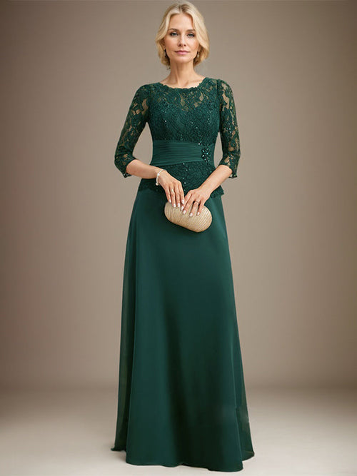 Robe mère de la mariée trapèze en mousseline longue au sol à col rond illusion avec dentelle, sequins plissés et perles
