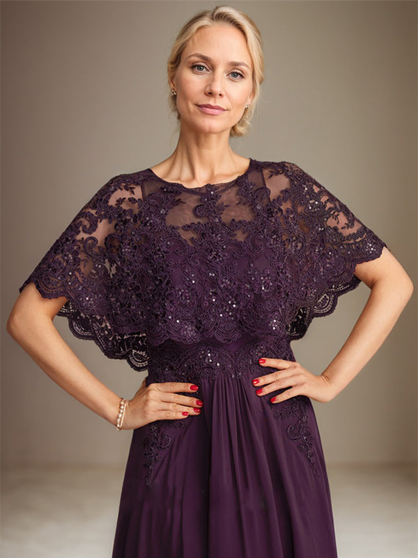 A-Linien Spitzen-Chiffon-Mutter-der-Braut-Kleid mit Bootsausschnitt, bodenlang und Applikations-Pailletten