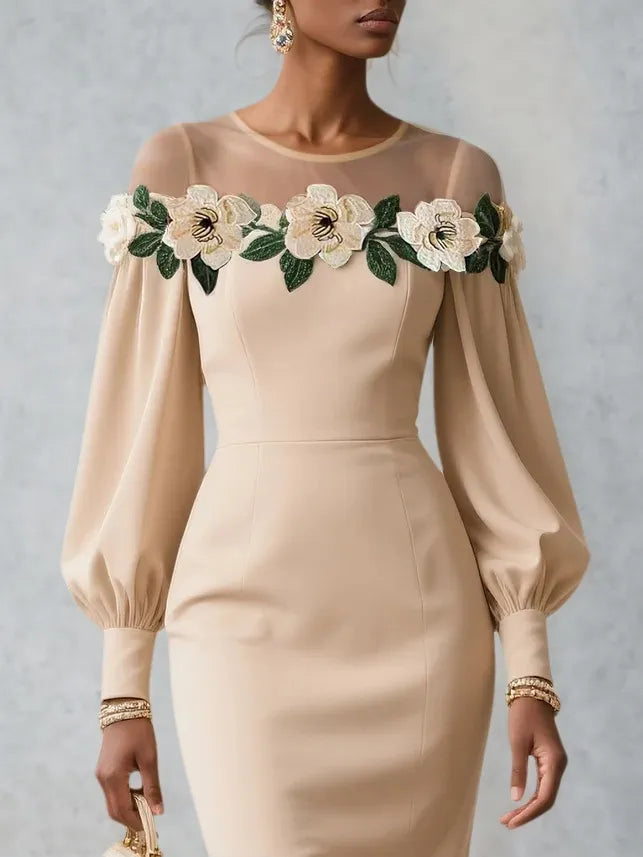 Aprikosenfarbiges, appliziertes, florales klassisches Midi-Kleid mit Rundhalsausschnitt, langen Ballonärmeln