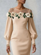 Aprikosenfarbiges, appliziertes, florales klassisches Midi-Kleid mit Rundhalsausschnitt, langen Ballonärmeln