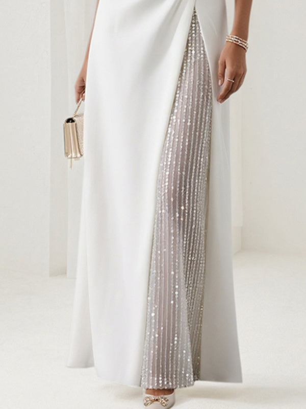 A-Linien Weißes Chiffon Kleid mit Rundhalsausschnitt, ärmellos, bodenlang mit Pailletten
