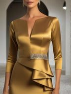 Formal Evening Dress Golden V Neck Maxi Satin Dress