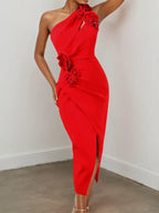 Robe midi rouge à fleurs 3D, une épaule, fourreau