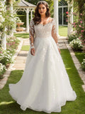 White Long Sleeves Wedding Dress Plus Size Applique V Neck Bridal Gown