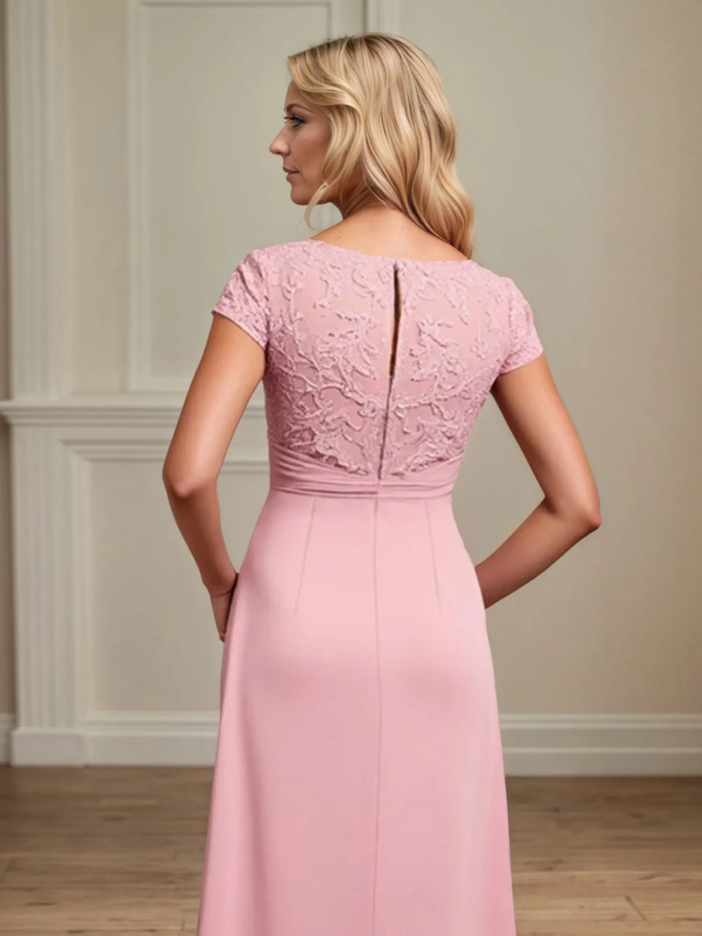A-Linien Chiffon Kleid mit U-Boot-Ausschnitt und Raffung, Mutter der Braut, mit Applikationen