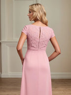 A-Linien Chiffon Kleid mit U-Boot-Ausschnitt und Raffung, Mutter der Braut, mit Applikationen
