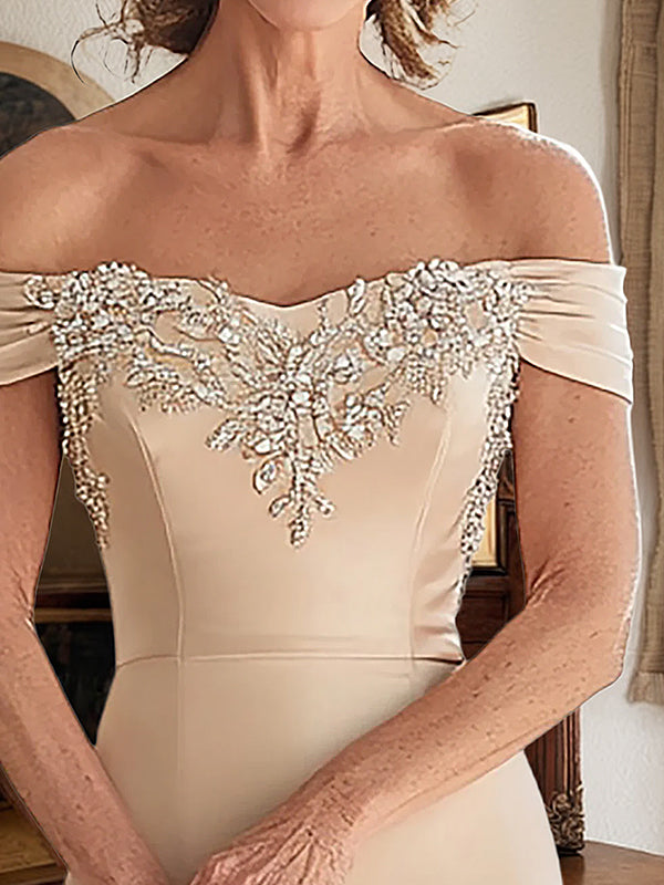 Elegantes Champagner Meerjungfrau schulterfreies Mutter der Braut Kleid mit Spitze