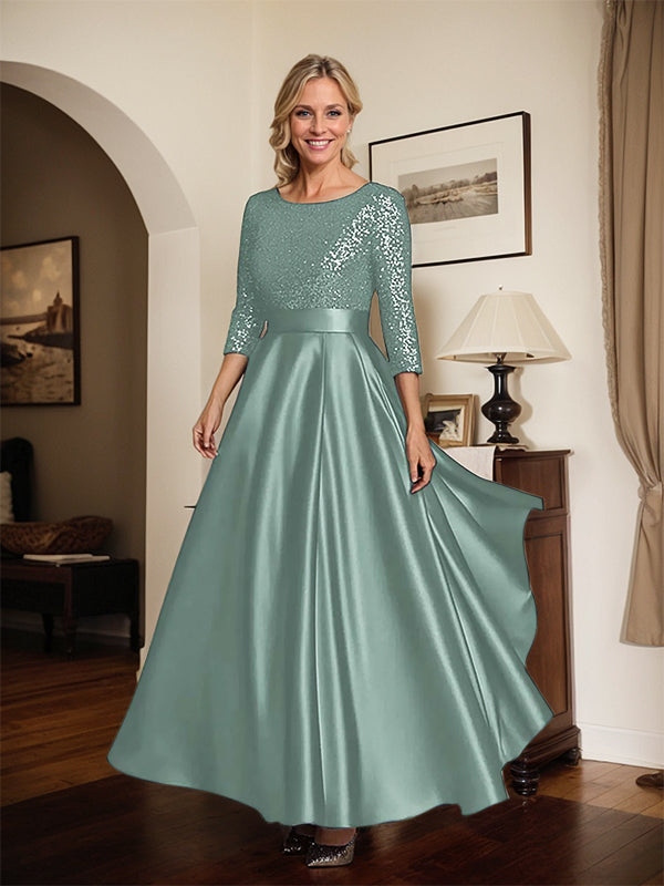 Glitzerndes marineblaues Satin Kleid mit Rundhalsausschnitt und Pailletten für die Mutter der Braut