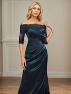 Sheath/Column Off the Shoulder Floor-Length Lace Stretch Satin Evening Dress With Pleated