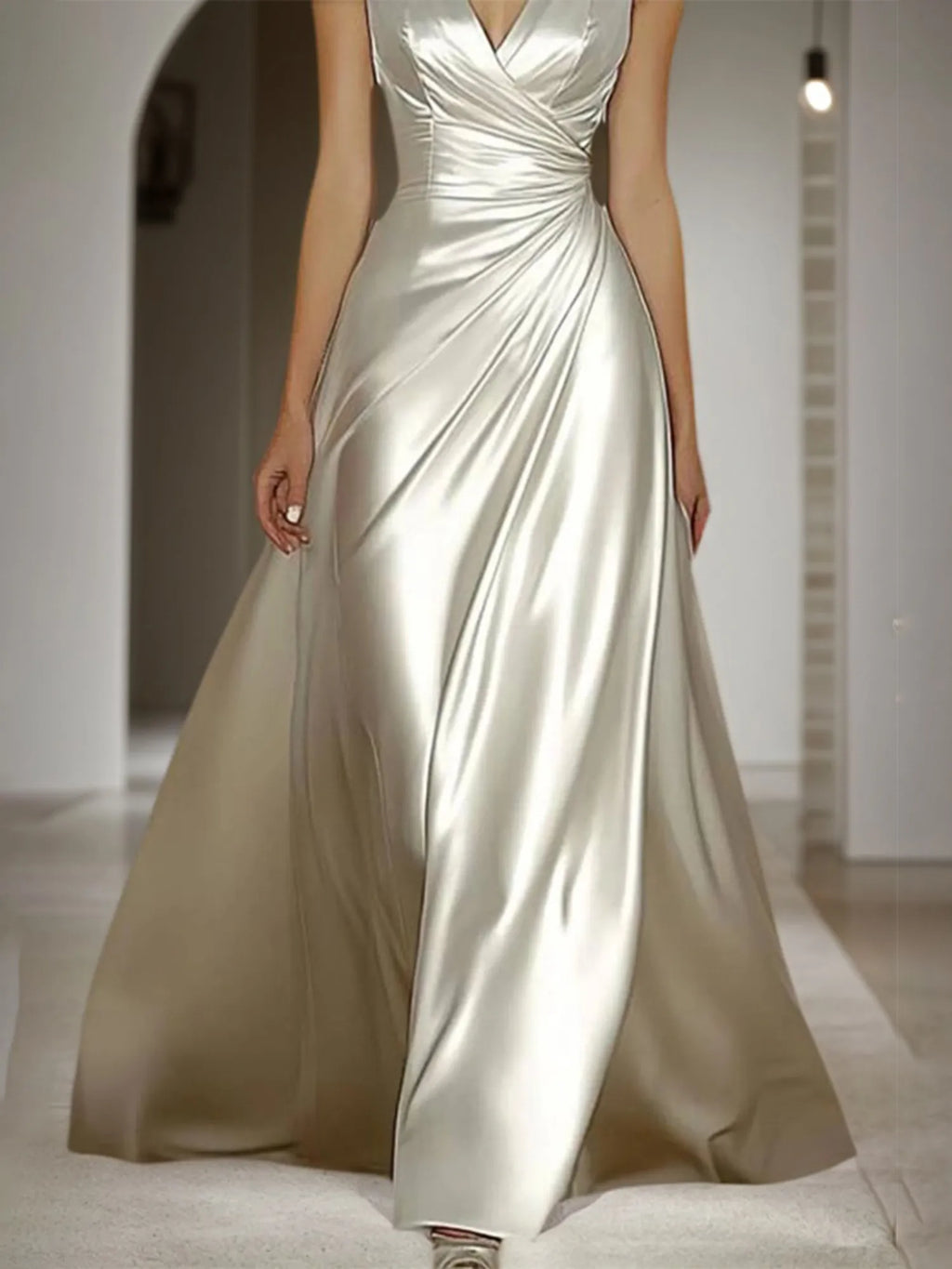 Evening Prom Satin Dress Off-White Sleeveless V-Neck Maxi Dress