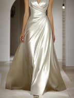 Evening Prom Satin Dress Off-White Sleeveless V-Neck Maxi Dress