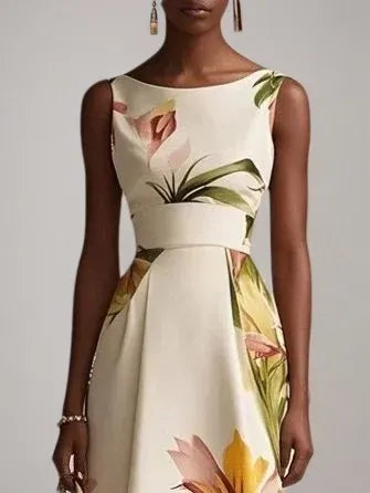 Vestido midi sin mangas línea A con cuello barco y estampado floral beige