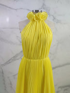 Yellow Pleated Halter Ruffle Long Prom Dress