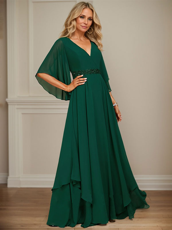 Vestido de madre de la novia línea A con escote en V, largo hasta el suelo, de gasa con apliques de lentejuelas y cuentas de encaje