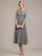 A-line Scoop Tea-Length Lace Chiffon Mother of the Bride Dress