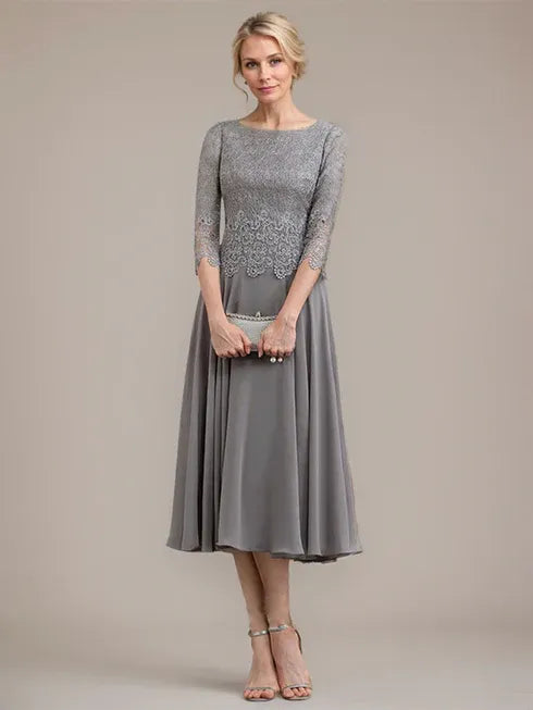 Robe de mère de la mariée longueur thé en dentelle et chiffon coupe trapèze col rond