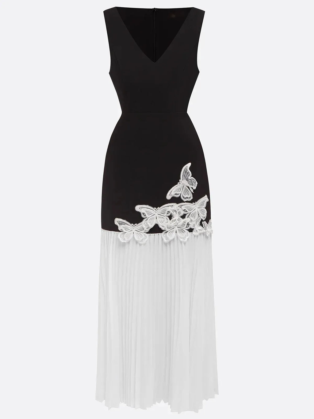 Vestido longo preto plissado com flores 3D, clássico, decote em V e sem mangas estilo sereia