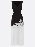 Vestido longo preto plissado com flores 3D, clássico, decote em V e sem mangas estilo sereia