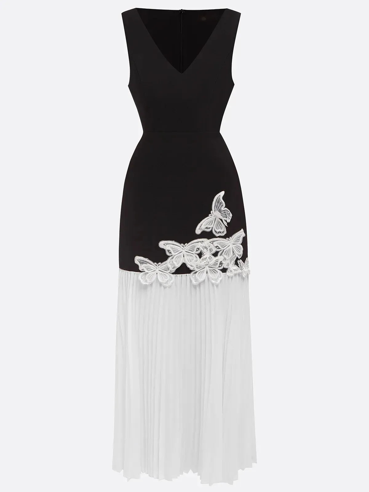 Vestido longo preto plissado com flores 3D, clássico, decote em V e sem mangas estilo sereia