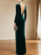 Formal Evening Dress Emerald Green Sheath V-Neck Velvet Maxi Dress with Slit