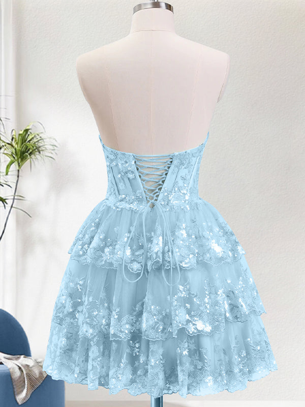 Robe courte de bal corset scintillante, coupe trapèze, à volants superposés, dos lacé en dentelle