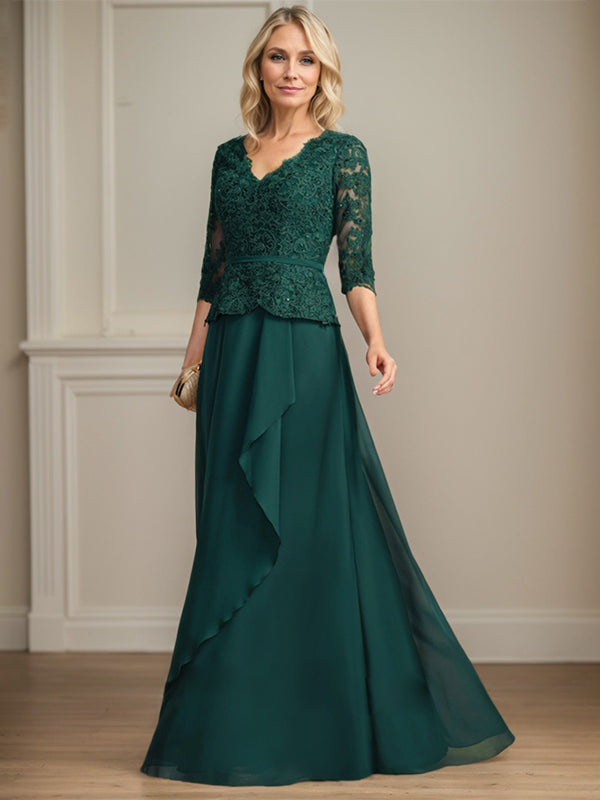 Vestido de madre de la novia en línea A con escote en V, encaje y gasa larga hasta el suelo con volantes en cascada y lentejuelas