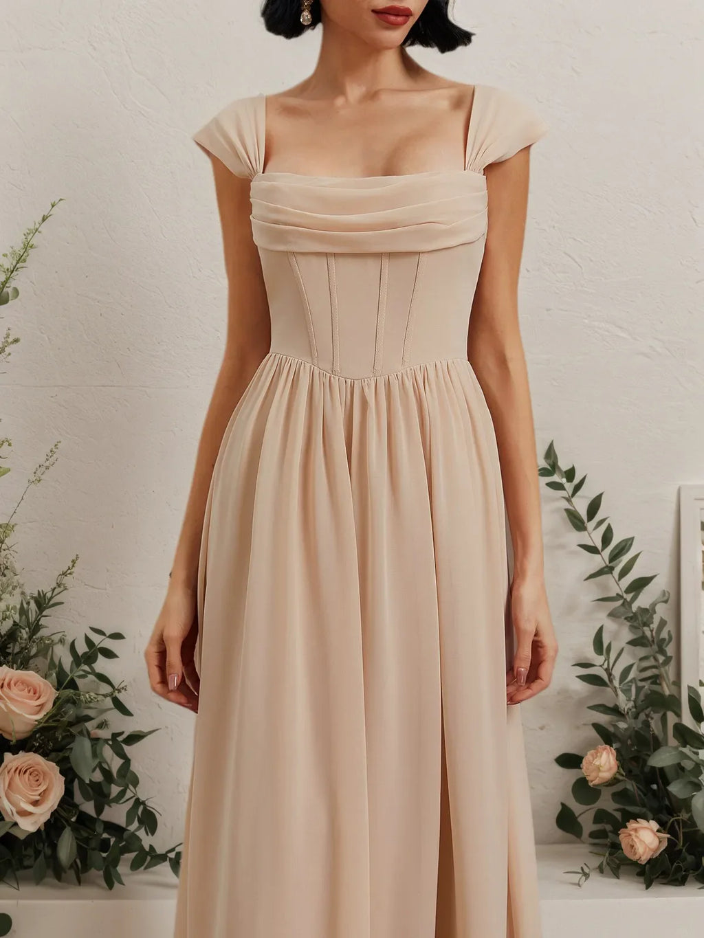Rosa klassisches Maxikleid mit quadratischem Ausschnitt, ärmellos, A-Linie