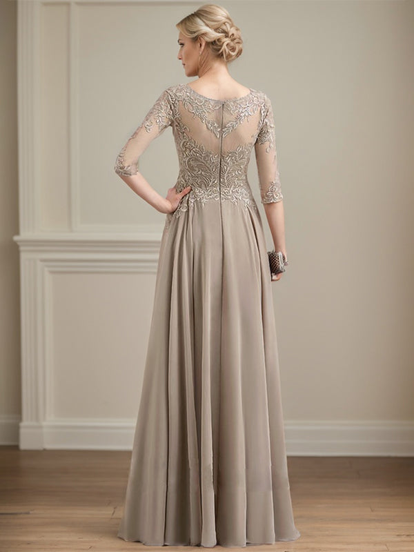 A-line Scoop Illusion Floor-Length Lace Chiffon Mother of the Bride Dress With Sequins