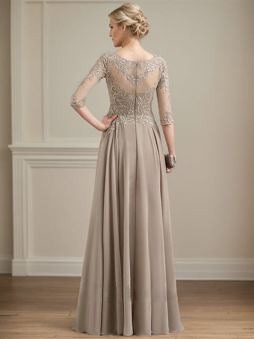Robe de mère de la mariée en dentelle et mousseline de soie, ligne A, illusion décolleté rond, longueur au sol avec sequins