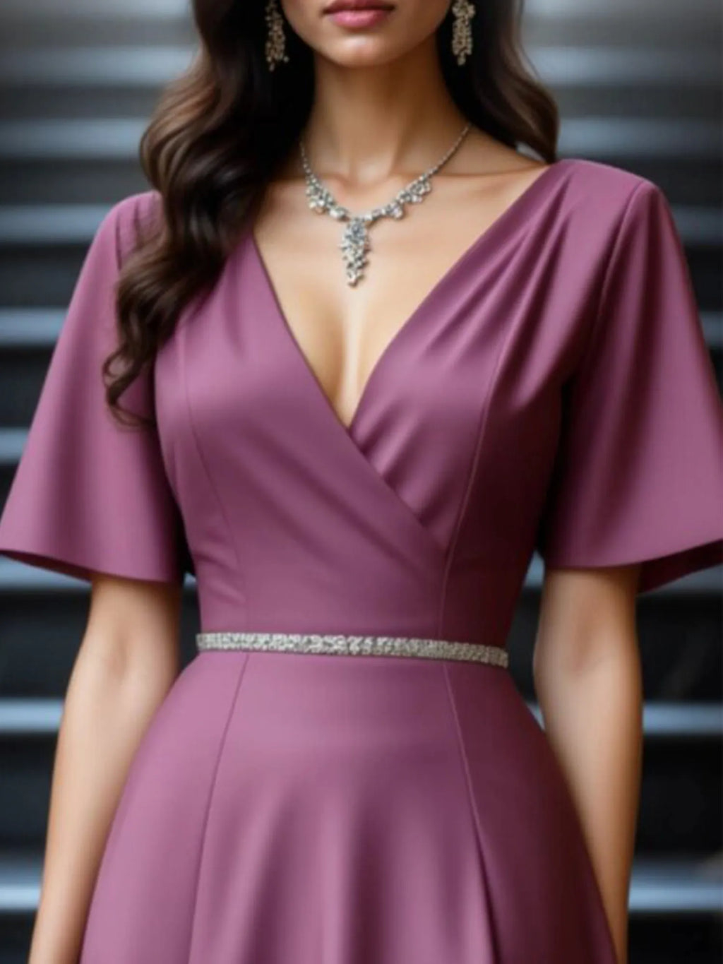 Evening Dress Purple V Neck Belted Maxi Mother of the Bride Dress