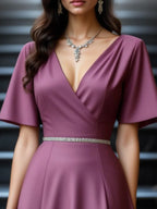 Evening Dress Purple V Neck Belted Maxi Mother of the Bride Dress