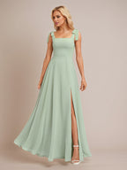 Sage A Line Chiffon Square Neck Floor Length Bridesmaid Dress With Bow