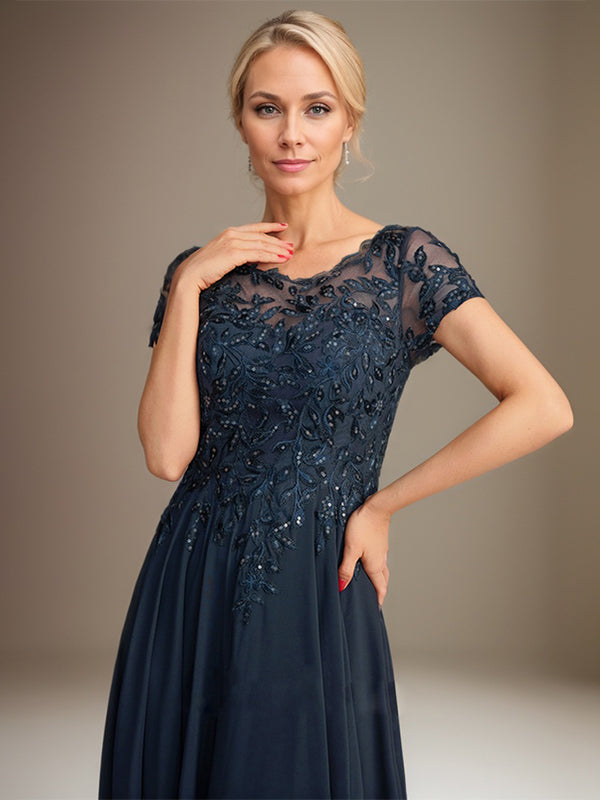 Robe de mère de la mariée en chiffon à coupe évasée, encolure arrondie, longueur au sol, avec appliques et sequins