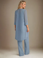 Chiffon Kleid mit Rundhalsausschnitt und langen Ärmeln, Mutter-der-Braut Hosenanzug mit Jacke