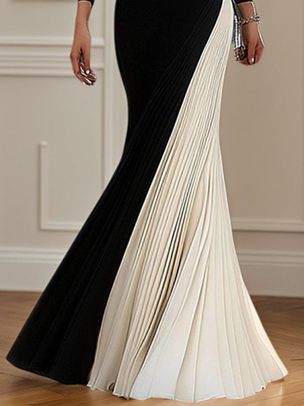 Elegant Formal Evening Work Black&White Dress V Neck Long Sleeves Dress