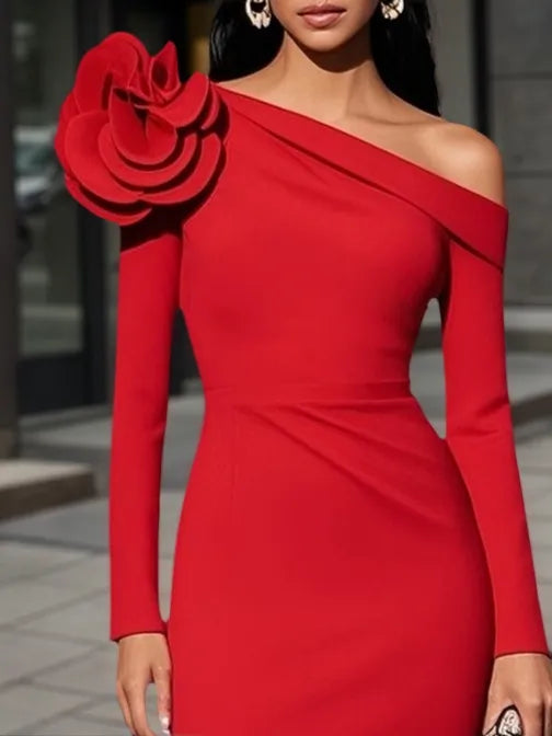 Vestido Midi Clássico Justo com Manga Longa e Ombro Único com Flores 3D Vermelhas